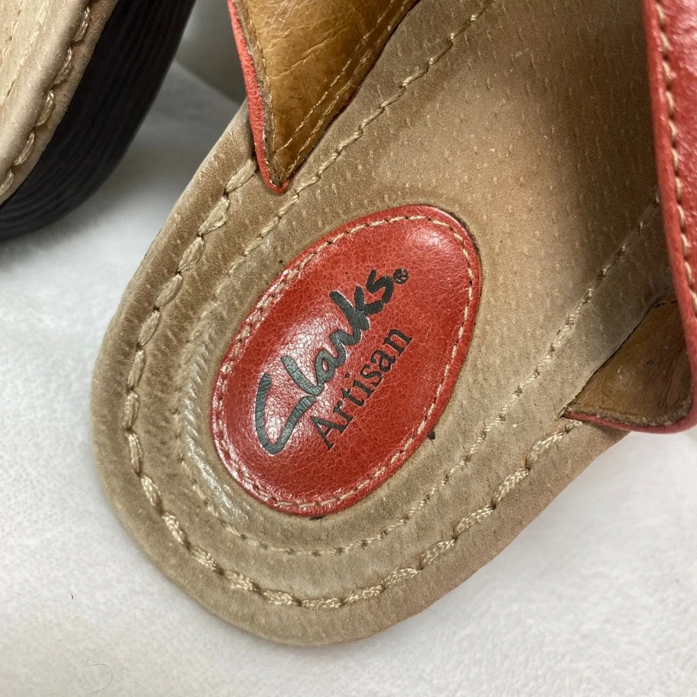 Clarks Artisan Womens Latin Palm Wedge Red Leather Floral Sandals Comfort Size 8